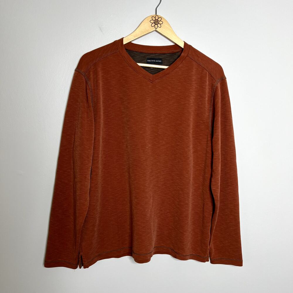 Saks Fifth Avenue Orange V Neck Long Sleeve Shirt